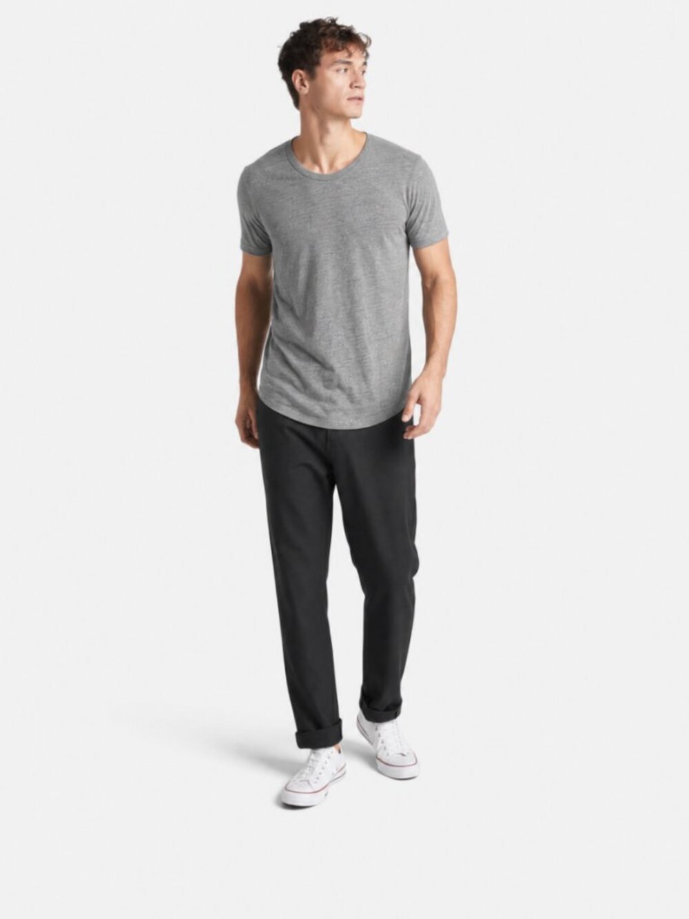Goodlife L Mens Gray Heather Scallop Crew Tee Curved Hem Short Sleeve Made USA